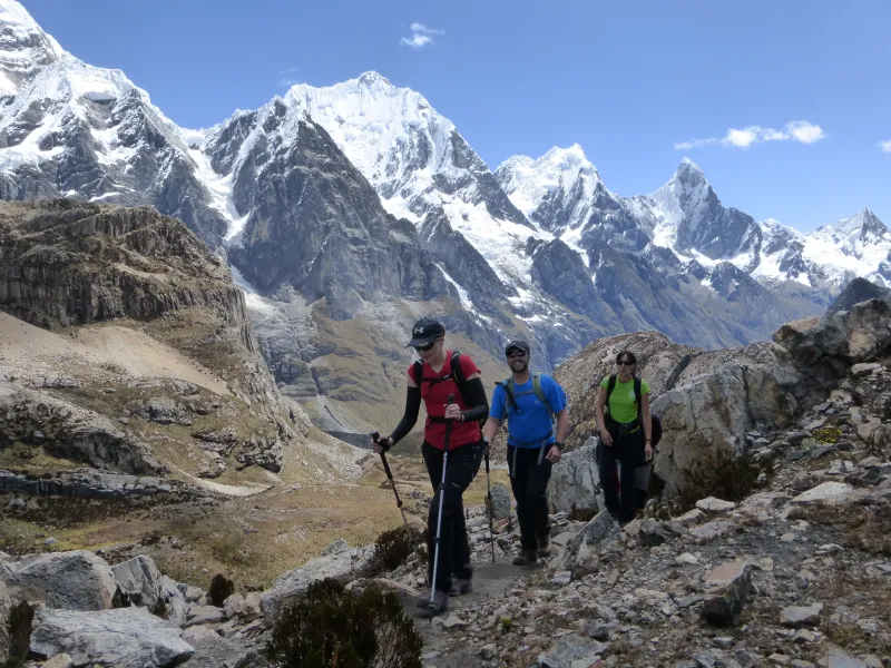 Travelers trekking in the Peruvian Andes